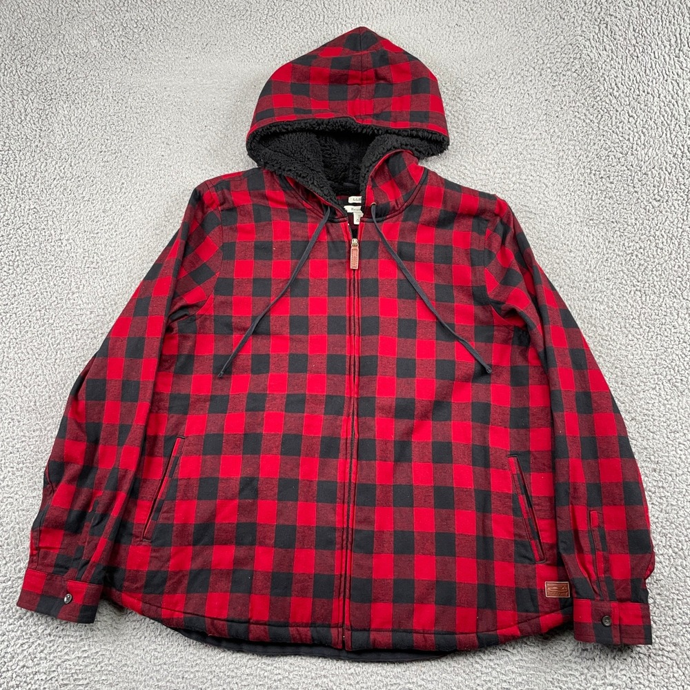 LL Bean Flannel Hoodie Mens XL Red Buffalo Plaid Sherpa Lined Full Zip Jacket